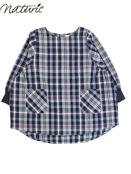 naturic 婦人タブリエ割烹着 チェック柄 cotton100% 袖口リブ