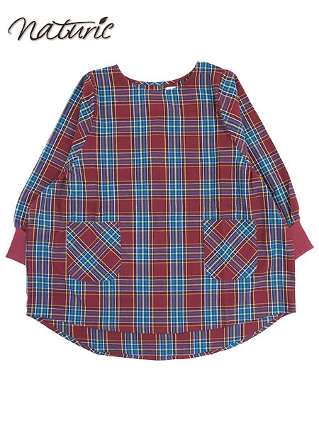 naturic 婦人タブリエ割烹着 チェック柄 cotton100% 袖口リブ かぶりタイプ