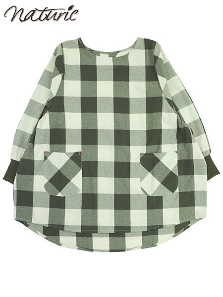 naturic 婦人タブリエ割烹着 チェック柄 cotton100% 袖口リブ かぶりタイプ