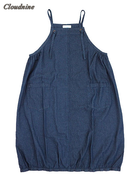 Cloudnine 婦人ワンピースエプロン 裾ゴム入りバルーン デニム