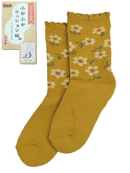 いたわり設計 婦人ソックス ふかふかクッション編み 花柄 クルー丈