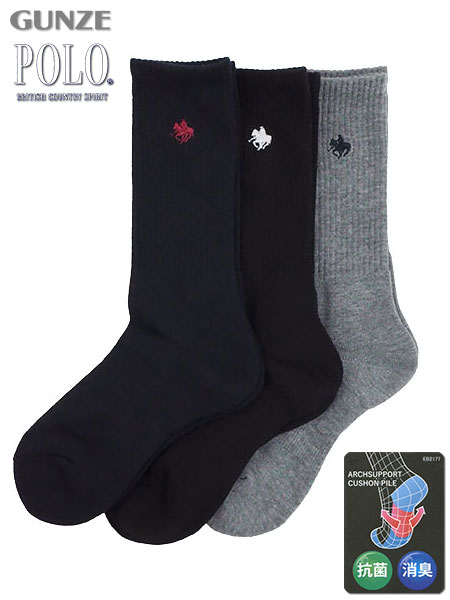 グンゼ POLO(ポロ)紳士リブソックス ワンポイント刺繍 3足組 抗菌 消臭