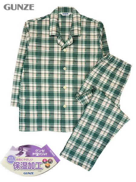 Gunze グンゼ 紳士長袖 長パンツパジャマ 保湿加工 チェック柄 スムース 綿100 ネットでインナー