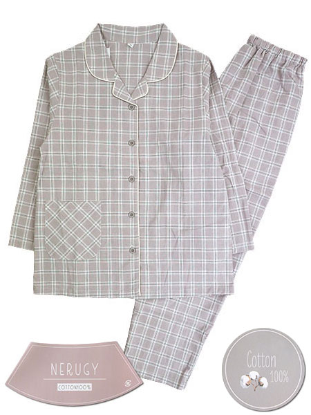 NERUGY 婦人長袖・長パンツパジャマ チェック柄 綿100% 先染めシーチング