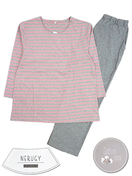 NERUGY 婦人長袖・長パンツパジャマ 綿100% 天竺 ボーダー柄×無地