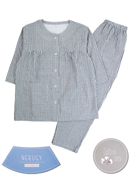 NERUGY 婦人7分袖・長パンツパジャマ ストライプ 綿100%サッカー