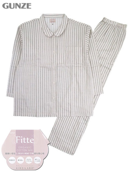 グンゼ キレイラボ 婦人長袖・長パンツパジャマ ストライプ柄 綿100%ガーゼ素材 襟付き