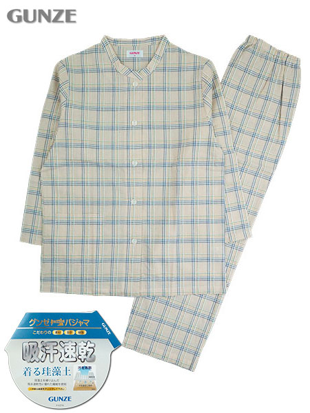 グンゼ 婦人長袖・長パンツパジャマ 吸汗速乾 着る珪藻土 チェック柄 サッカー素材
